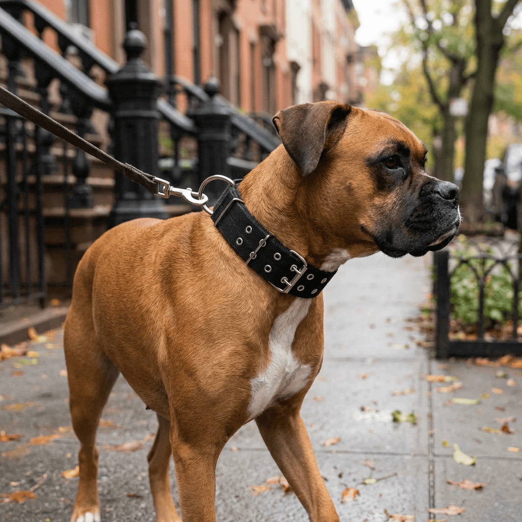 Adjustable Nylon Dog Collar on a Boxer dog, showcasing its durable design and metal D-ring for leash attachment.