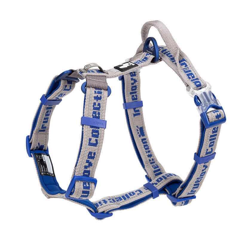 Adventure-Ready No-Pull Dog Harness in blue, featuring breathable mesh, padded support, and reflective detailing for comfort and safety.