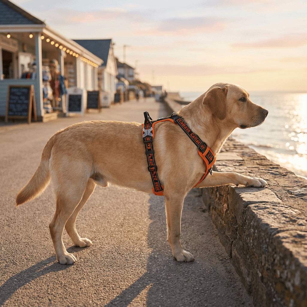 Adventure-Ready No-Pull Dog Harness on an active Labrador dog by the sea, showcasing comfort and safety features.
