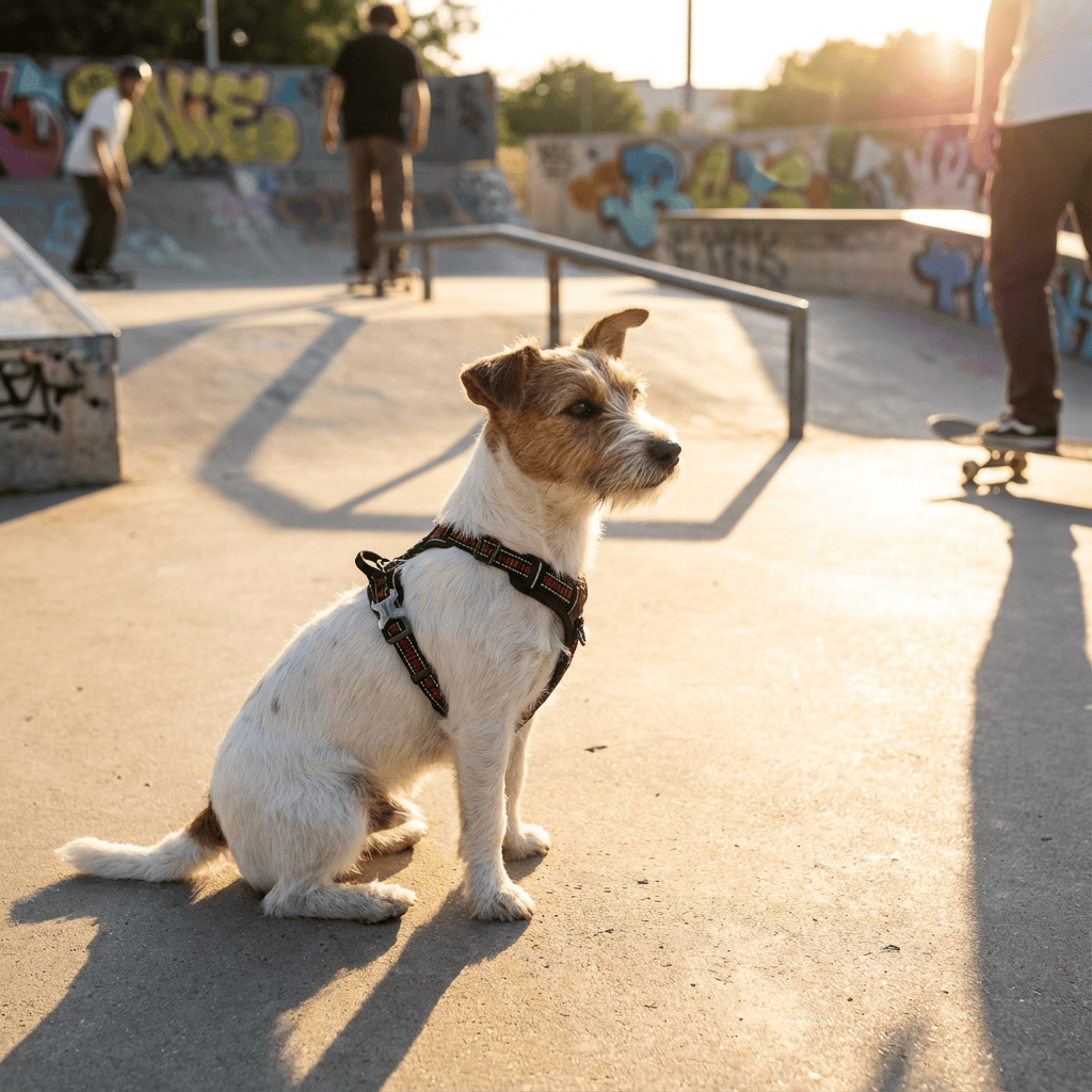 Adventure-Ready No-Pull Dog Harness on an active dog at a skatepark, showcasing its comfort and style for adventure-loving dogs.