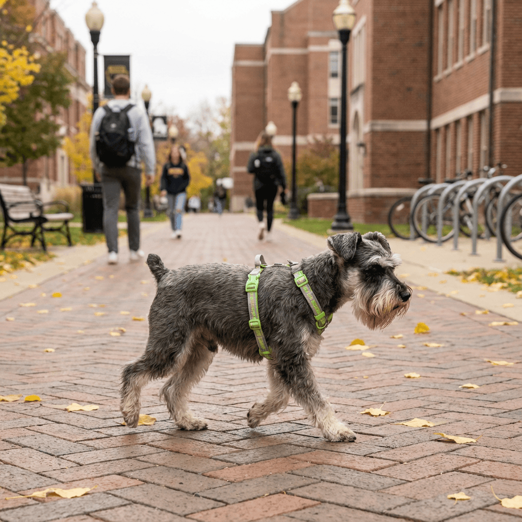 Adventure-Ready No-Pull Dog Harness on a playful dog walking in a busy outdoor setting, showcasing control and comfort.