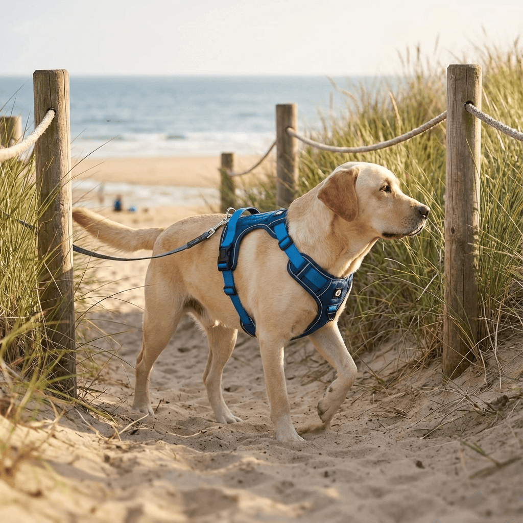 AdventureGuard Waterproof Dog Harness on a Labrador walking on the beach, showcasing durability and safety features.