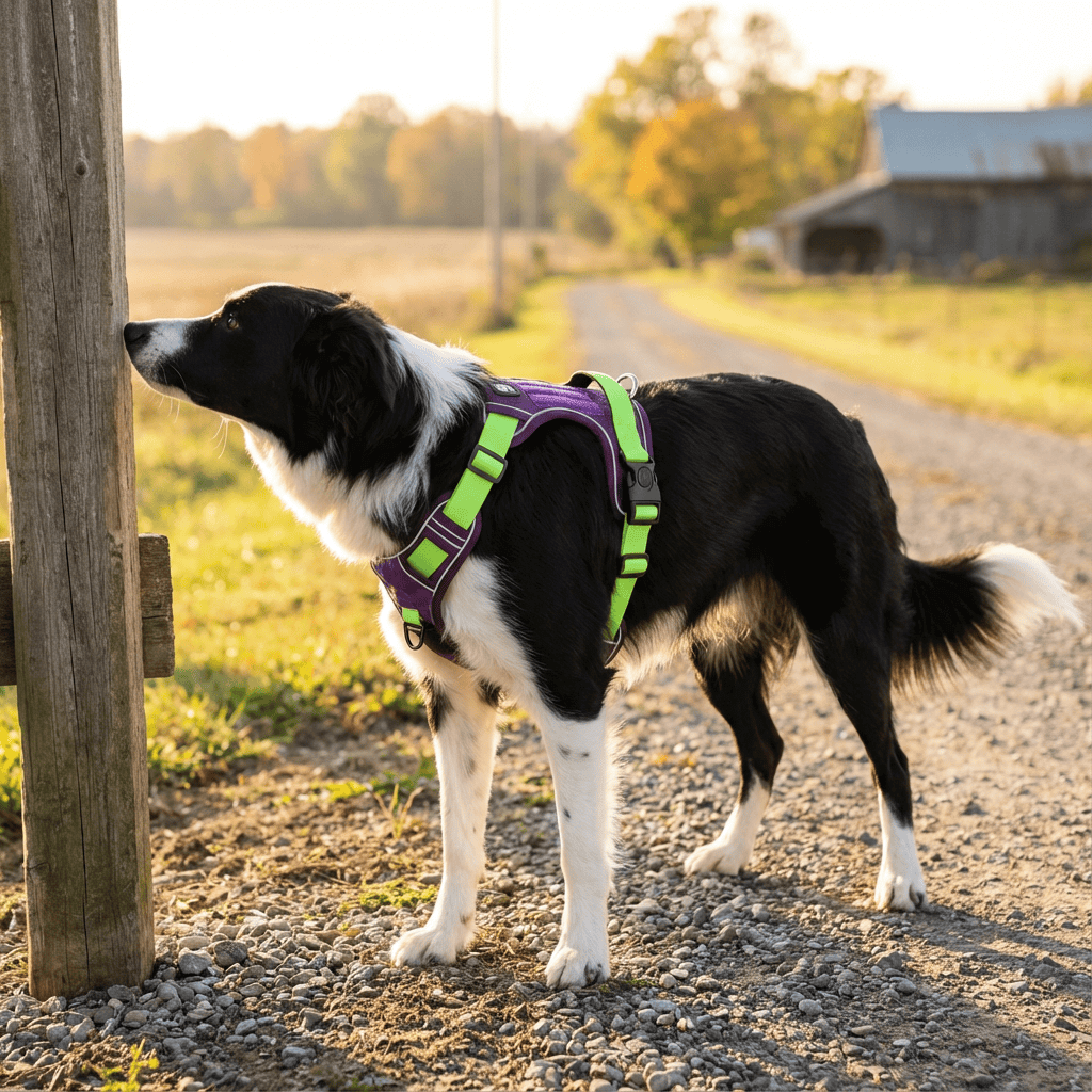 AdventureGuard Waterproof Dog Harness on a black and white dog exploring outdoors, featuring reflective details and comfortable fit.