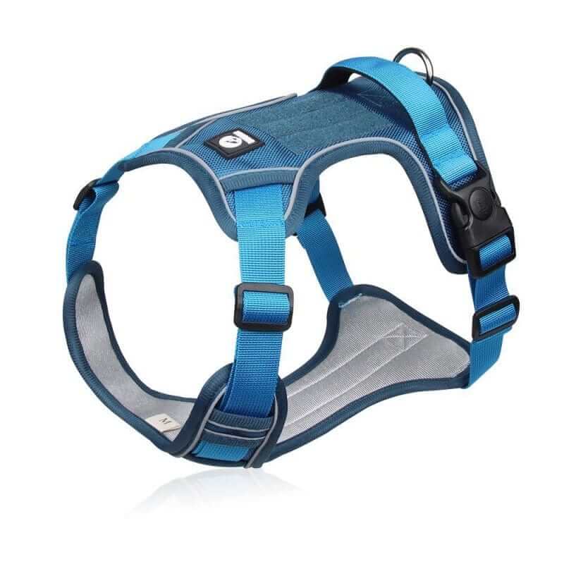 AdventureGuard Waterproof Dog Harness, durable blue harness, designed for medium to large dogs with reflective detailing.