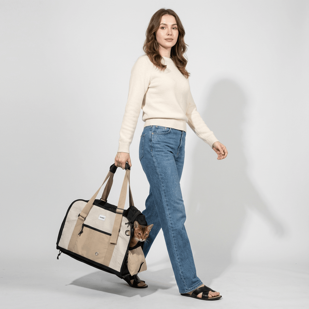 A woman carrying the AirComfort Portable Pet Carrier for dogs and cats, featuring a breathable design and comfortable travel.