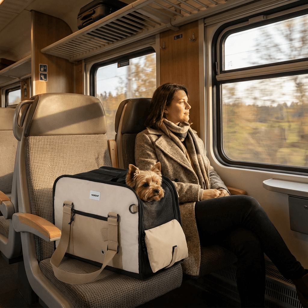AirComfort Portable Pet Carrier on train seat with woman and small dog, showcasing secure and comfortable travel.