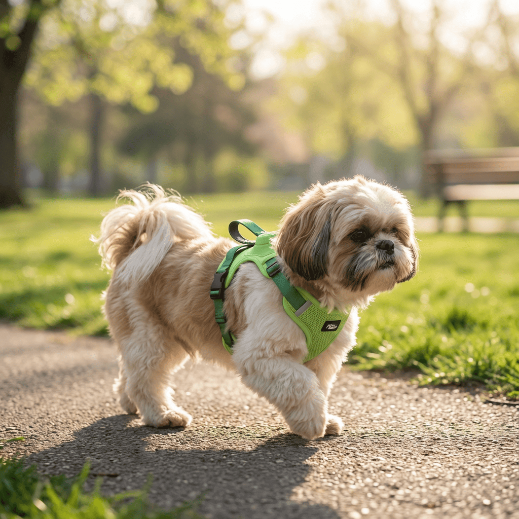AirFlex Dog Harness on a Shih Tzu, featuring a green, breathable design for comfort and secure outdoor adventures.