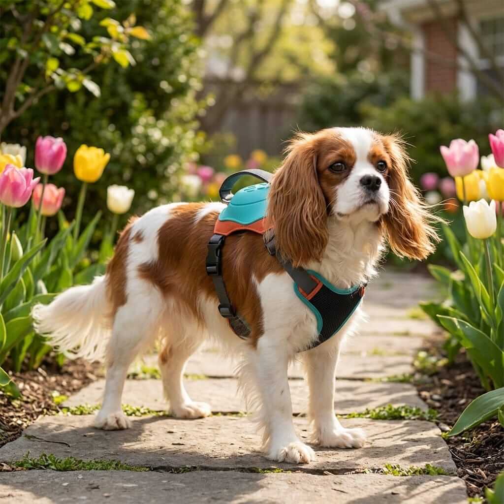 AirFlex Dog Harness on a Cavalier King Charles Spaniel in a garden with tulips, featuring breathable design and adjustable fit.