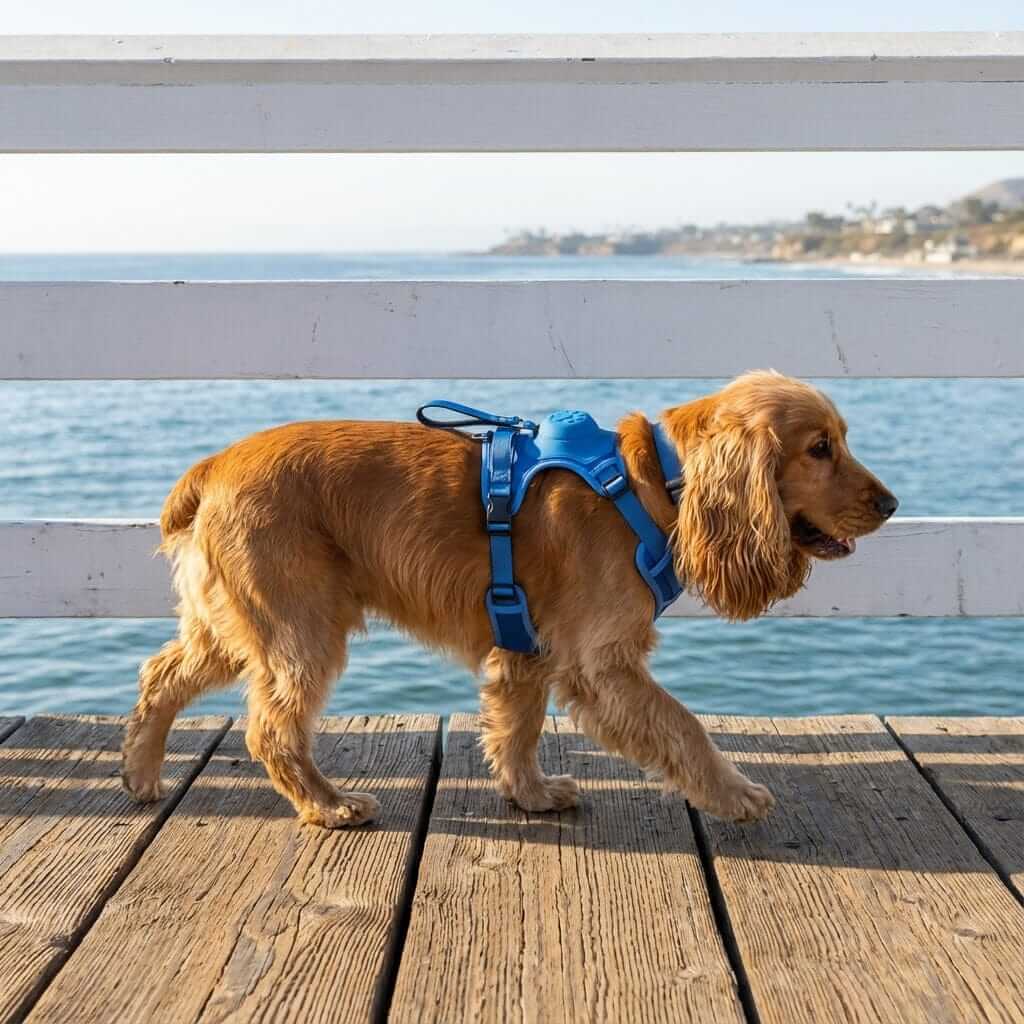 AirFlex Dog Harness on a golden dog walking by the water, featuring breathable materials and adjustable fit.