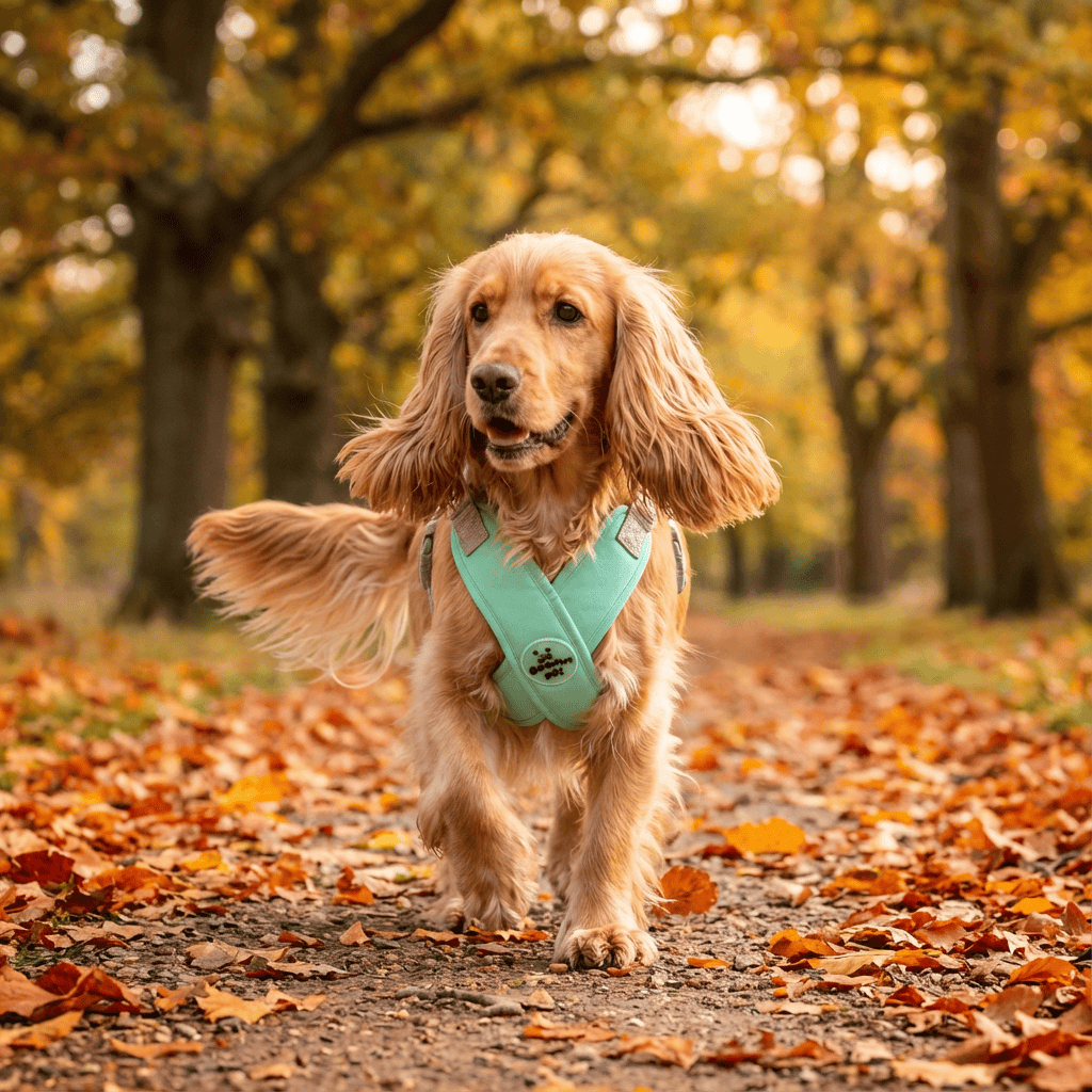 AirGlow Reflective Dog Harness on a golden Cocker Spaniel walking on a leaf-covered path in autumn.