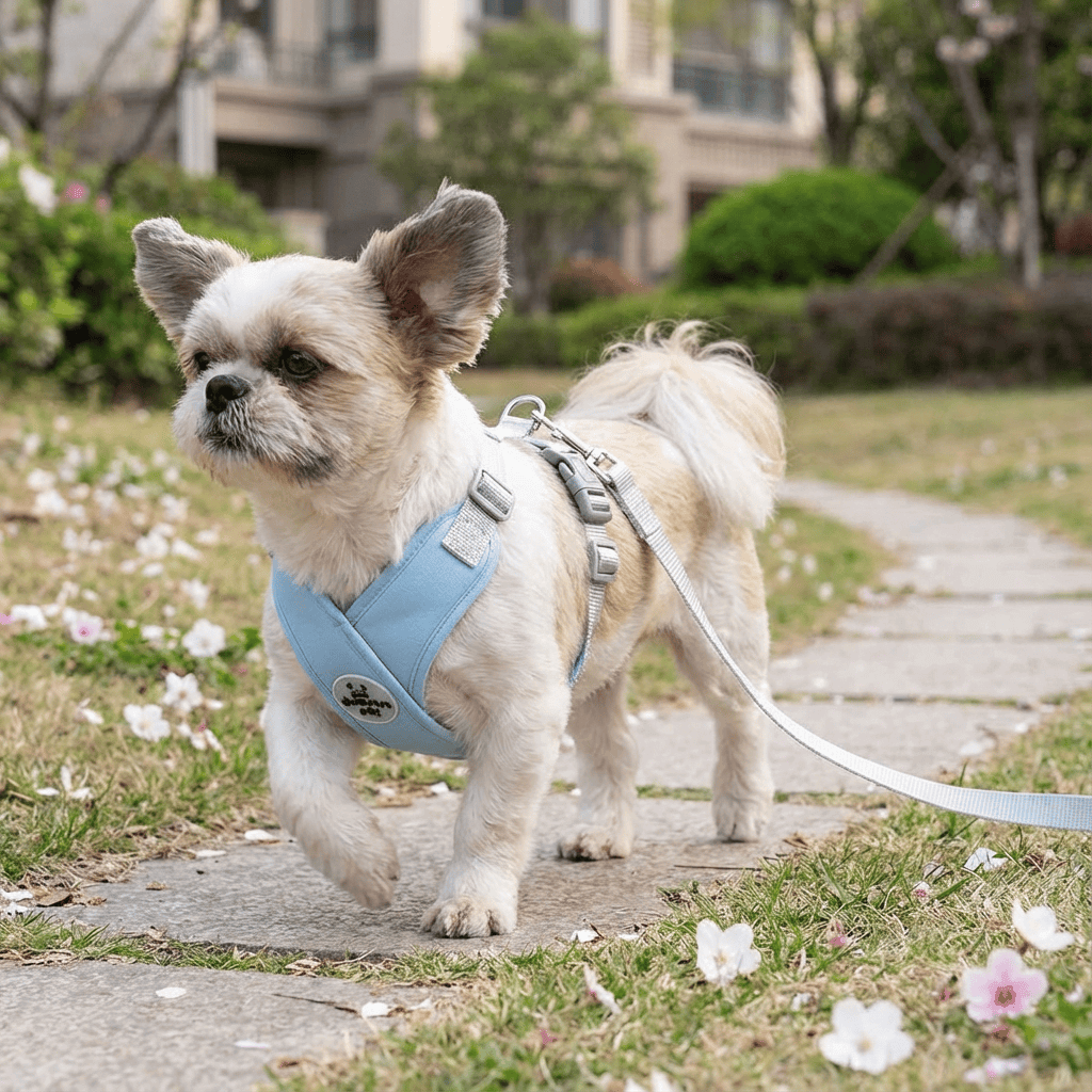 Dog wearing AirGlow Reflective Dog Harness while walking on a path with flowers, enhancing safety and comfort.