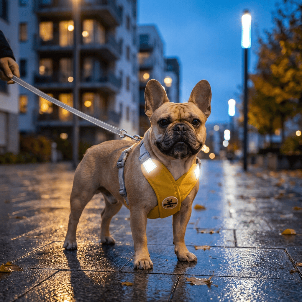 AirGlow Reflective Dog Harness on a French Bulldog during an evening walk, showcasing safety and style.