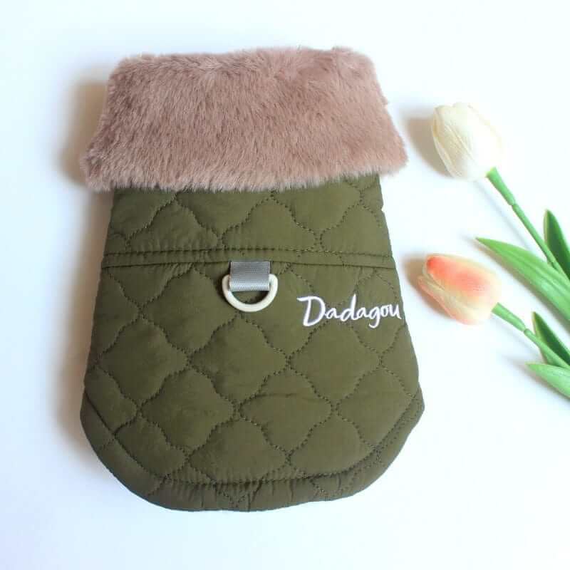 All-Weather Fur-Lined Dog Jacket in olive green with fur collar, ideal for small dogs, by Dogs & Cats.