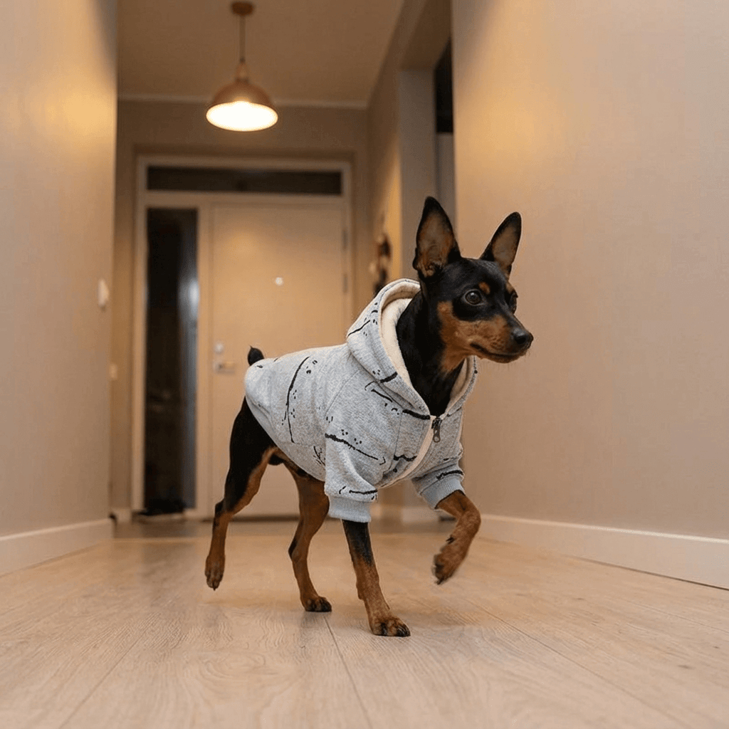 Dog wearing All-Weather Pup Jacket in a hallway, showcasing stylish comfort for dogs.