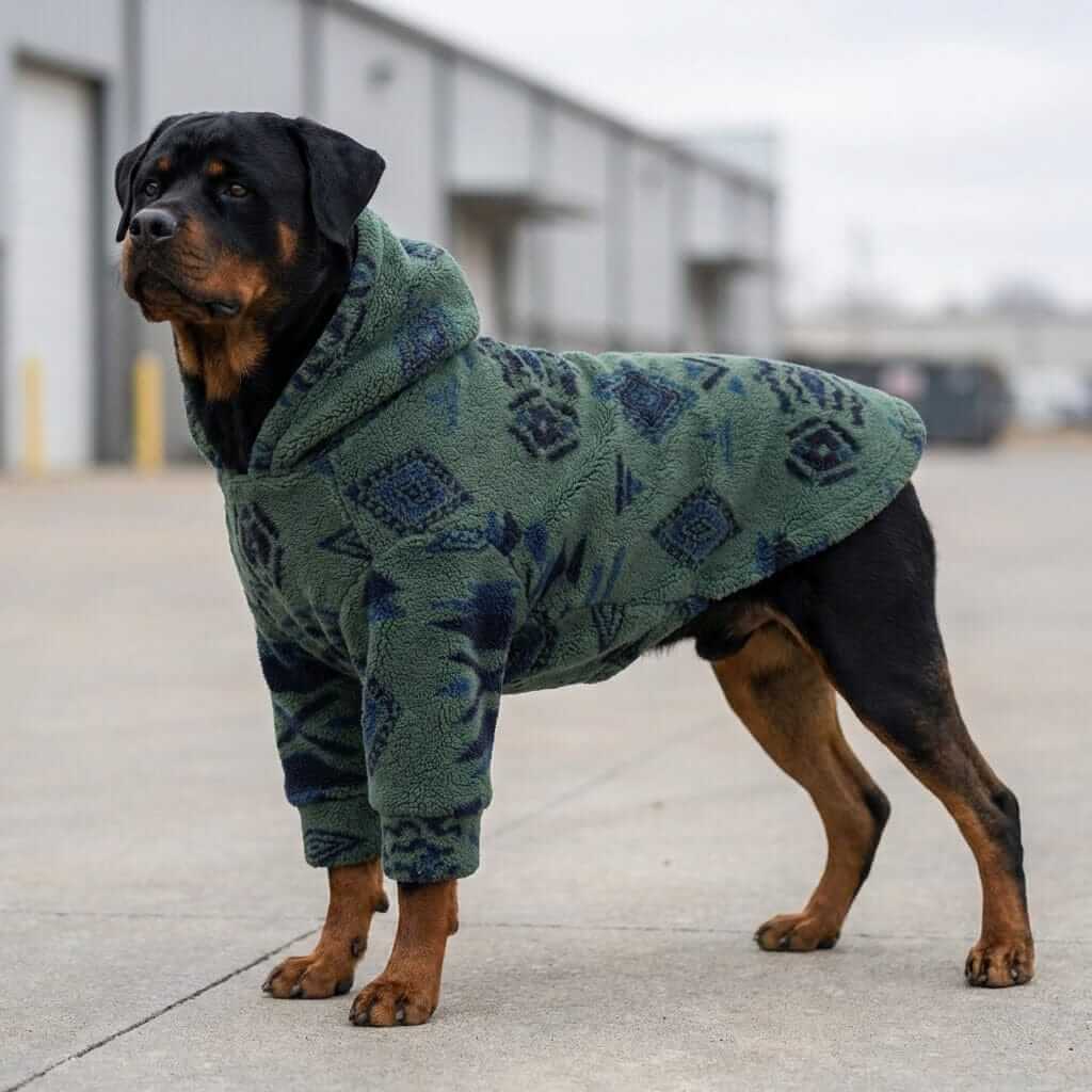 Alpine Sherpa Dog Hoodie, fleece dog coat for warmth, ideal for cold weather, by Dogs & Cats.