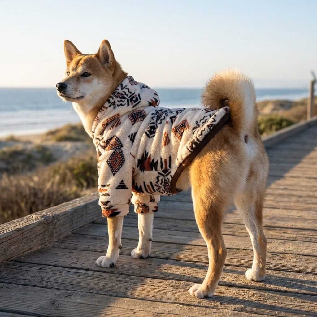 Alpine Sherpa Dog Hoodie on a Shiba Inu by the beach, showcasing superior warmth and style for dogs and cats.