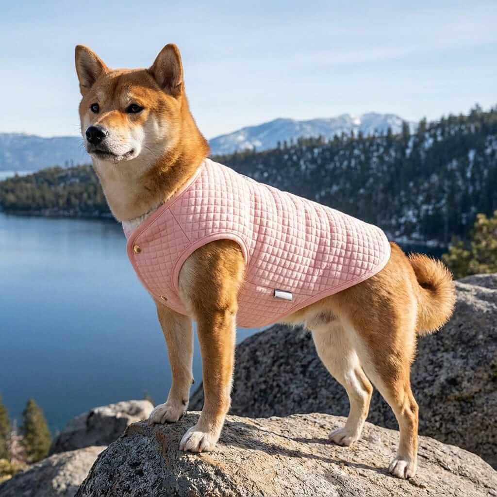 Always Cloudy Velvet Dog Vest Sweater on a dog outdoors, featuring breathable fabric and a relaxed fit for dogs & cats.