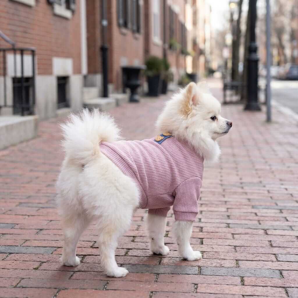 A fluffy dog wearing the Always Ready Two-legged Dog Sweater, showcasing its breathable and cozy design on a city street.