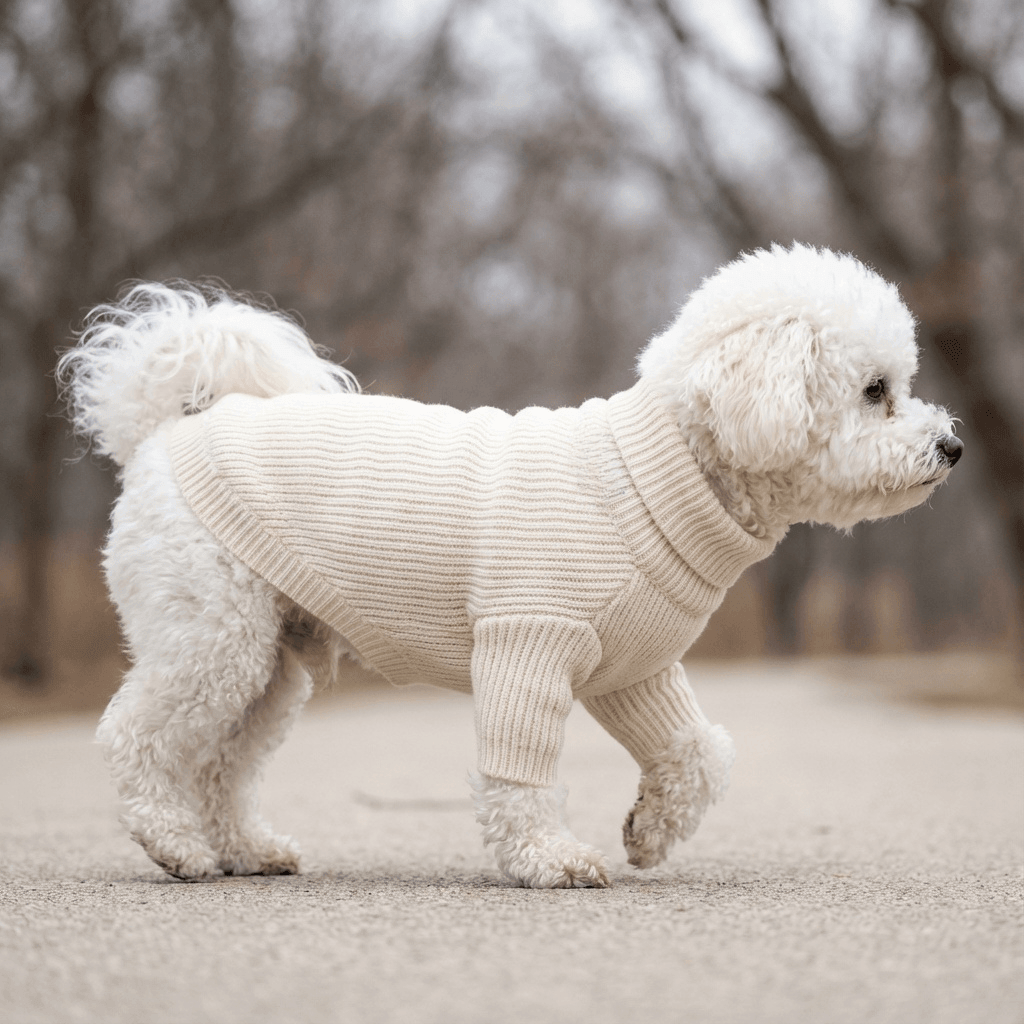 Always Ready Two-legged Dog Sweater on a fluffy dog, breathable and comfortable, perfect for dogs and cats.