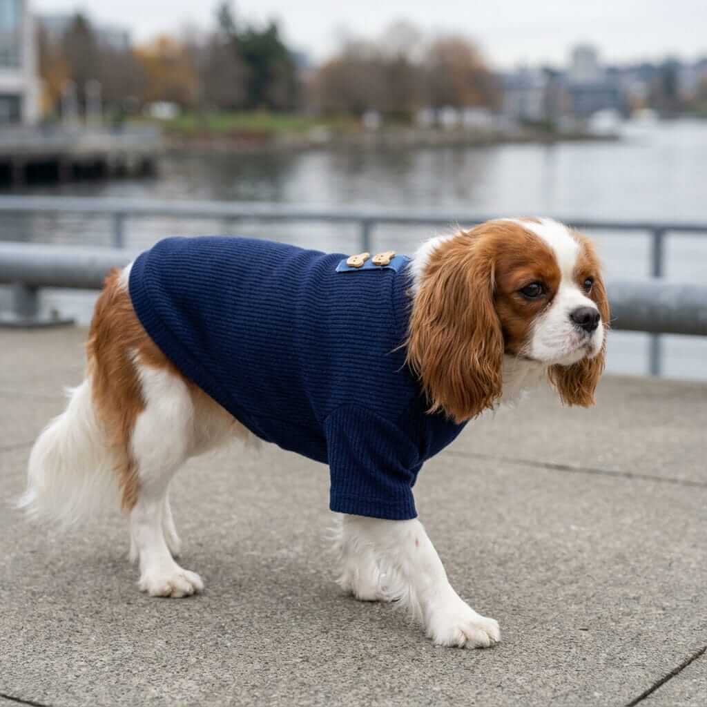 Always Ready Two-legged Dog Sweater on a Cavalier King Charles Spaniel by Dogs & Cats, featuring breathable, soft, and comfortable design.
