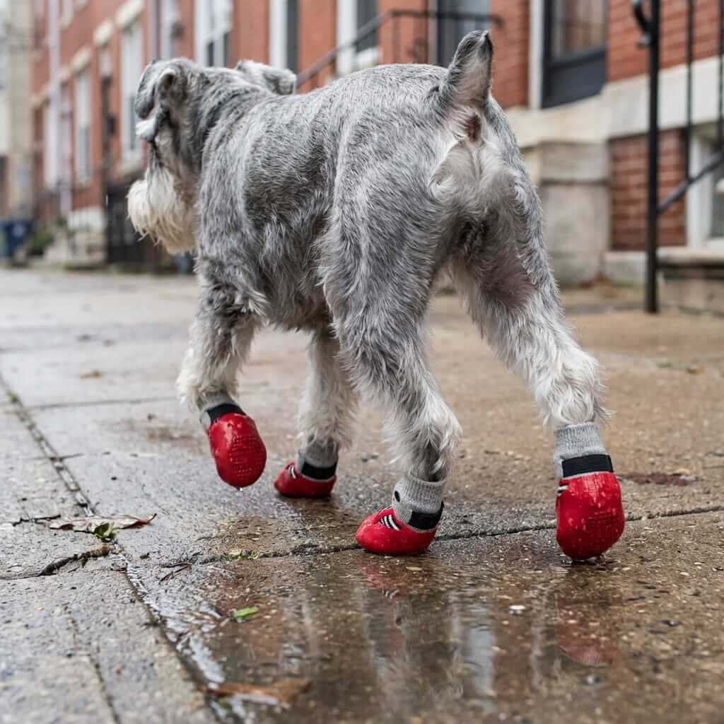 Dog wearing Anti-dirty Sock Dog Shoes with no-slip soles, breathable cotton, walking on wet pavement.
