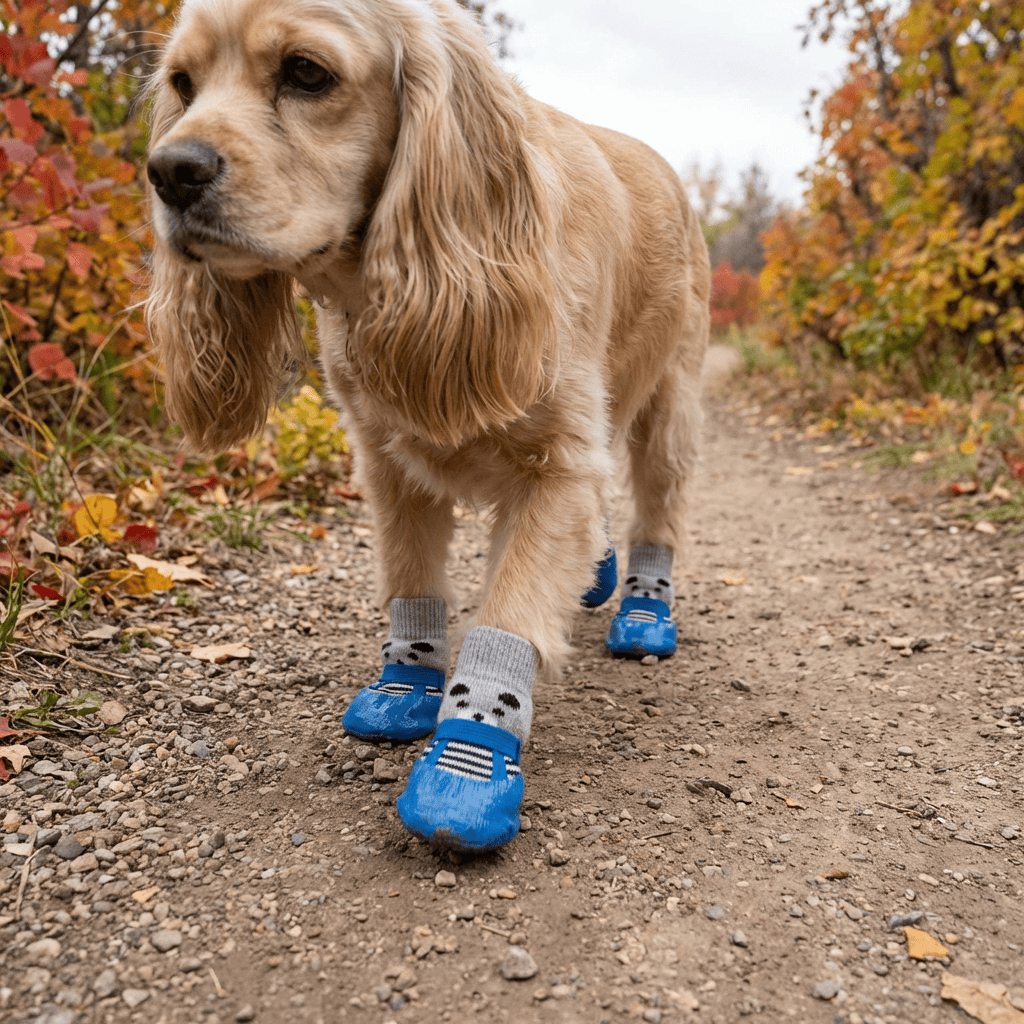 Anti-dirty Sock Dog Shoes on a medium-sized dog walking on a path, featuring no-slip soles and breathable cotton material.
