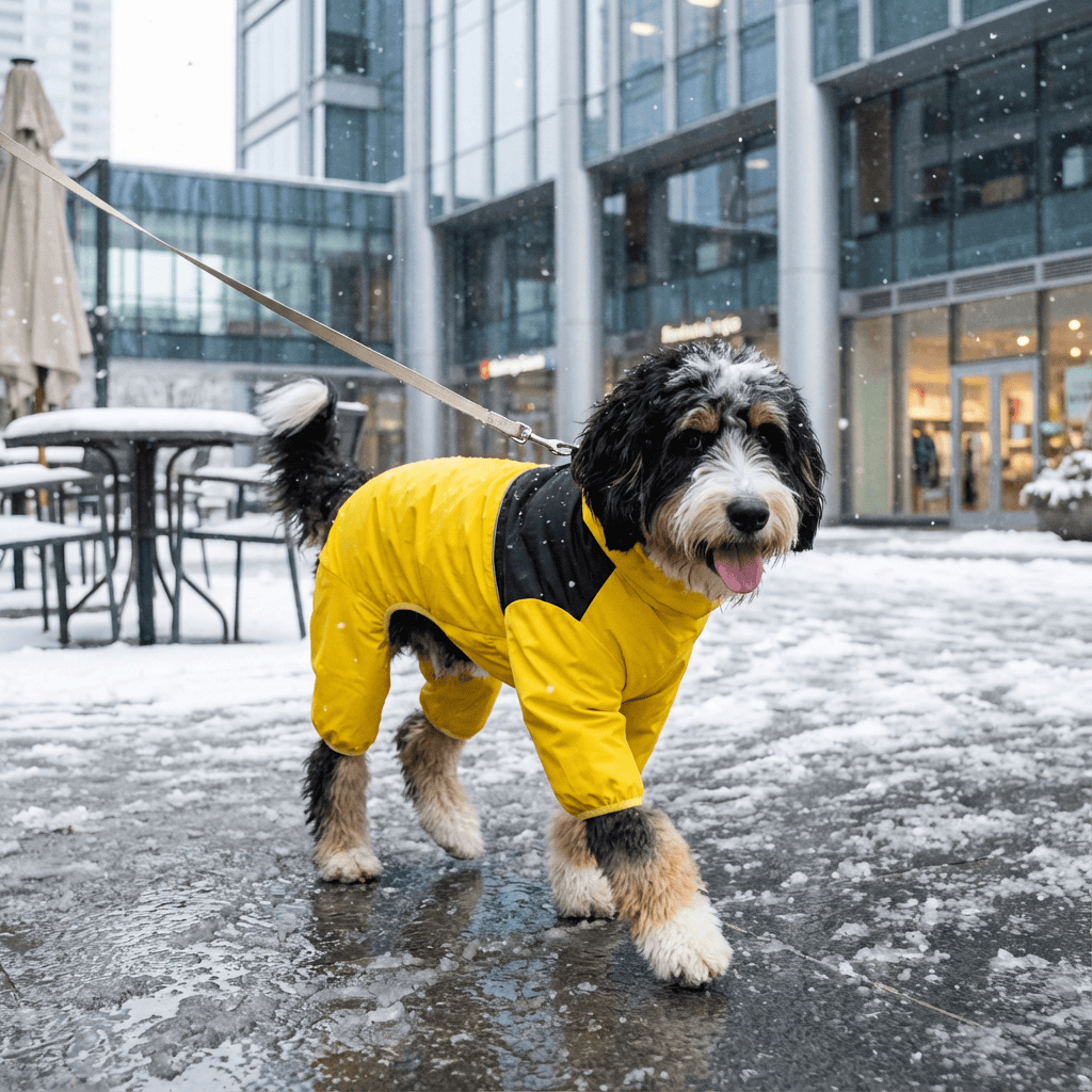 Dog wearing Anti-Storm Waterproof Dog Raincoat in yellow, enjoying a walk in snowy weather, showcasing full-body protection.