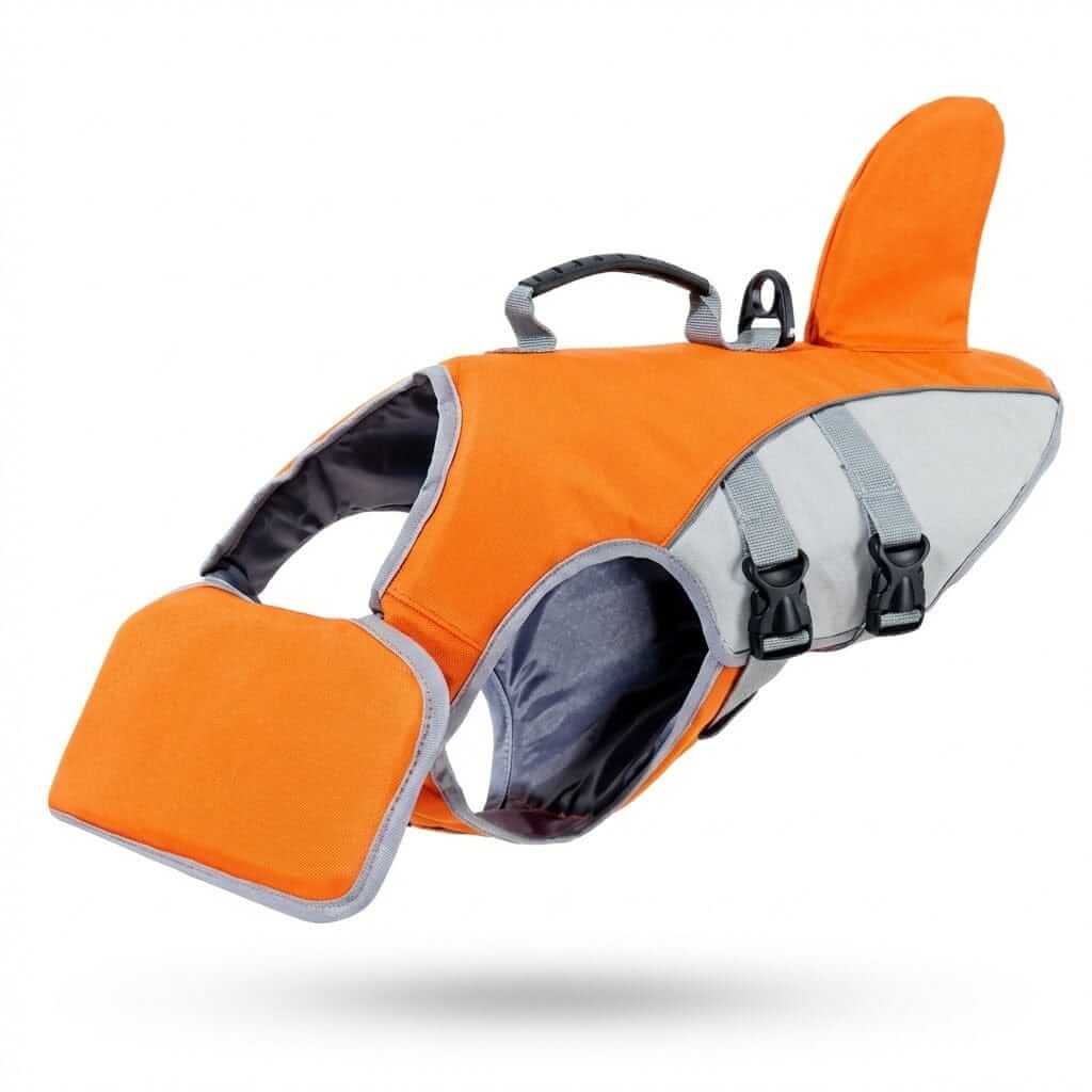 AquaGuard Shark Safety Vest for dogs, high-buoyancy life jacket with stylish shark fin design, perfect for water safety.