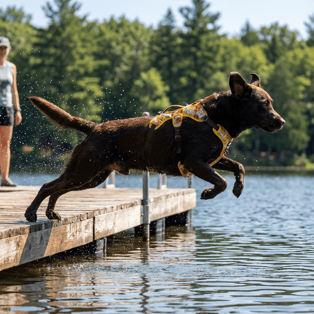 AquaGuard No-Pull Dog Harness on a brown dog jumping into water, showcasing its no-pull features and vibrant design.