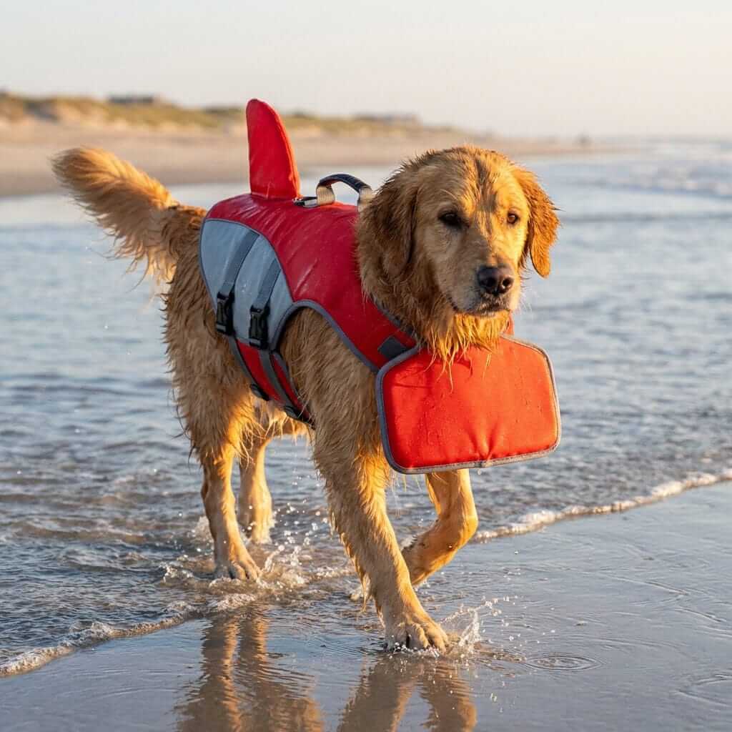 Golden dog wearing AquaGuard Shark Safety Vest on the beach, showcasing high-buoyancy and visibility features.