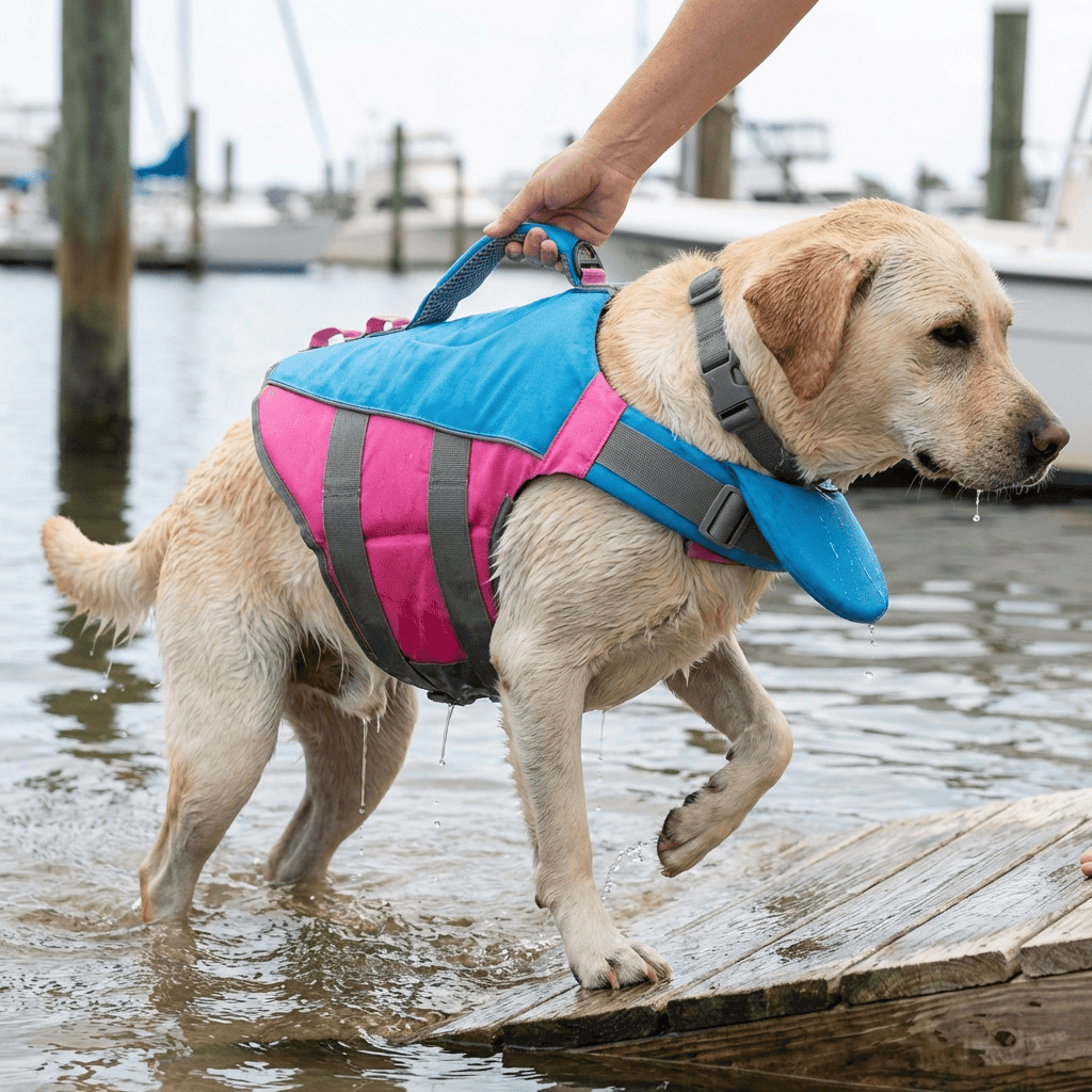 AquaGuard Shark Dog Life Jacket on a yellow Labrador for water safety and visibility during swimming.