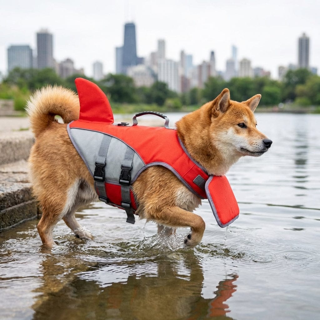 AquaGuard Shark Safety Vest for dogs featuring a high-visibility shark design in water, by Dogs & Cats brand.