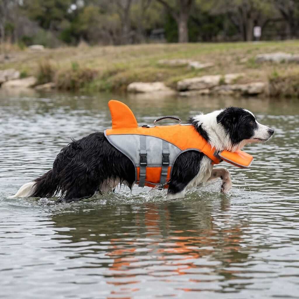 AquaGuard Shark Safety Vest on a dog swimming, featuring high-visibility shark design for water safety.