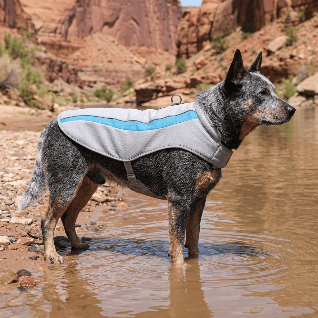 Arctic Breeze Cooling Vest for Dogs, featuring breathable mesh for summer comfort and heat protection during outdoor adventures.