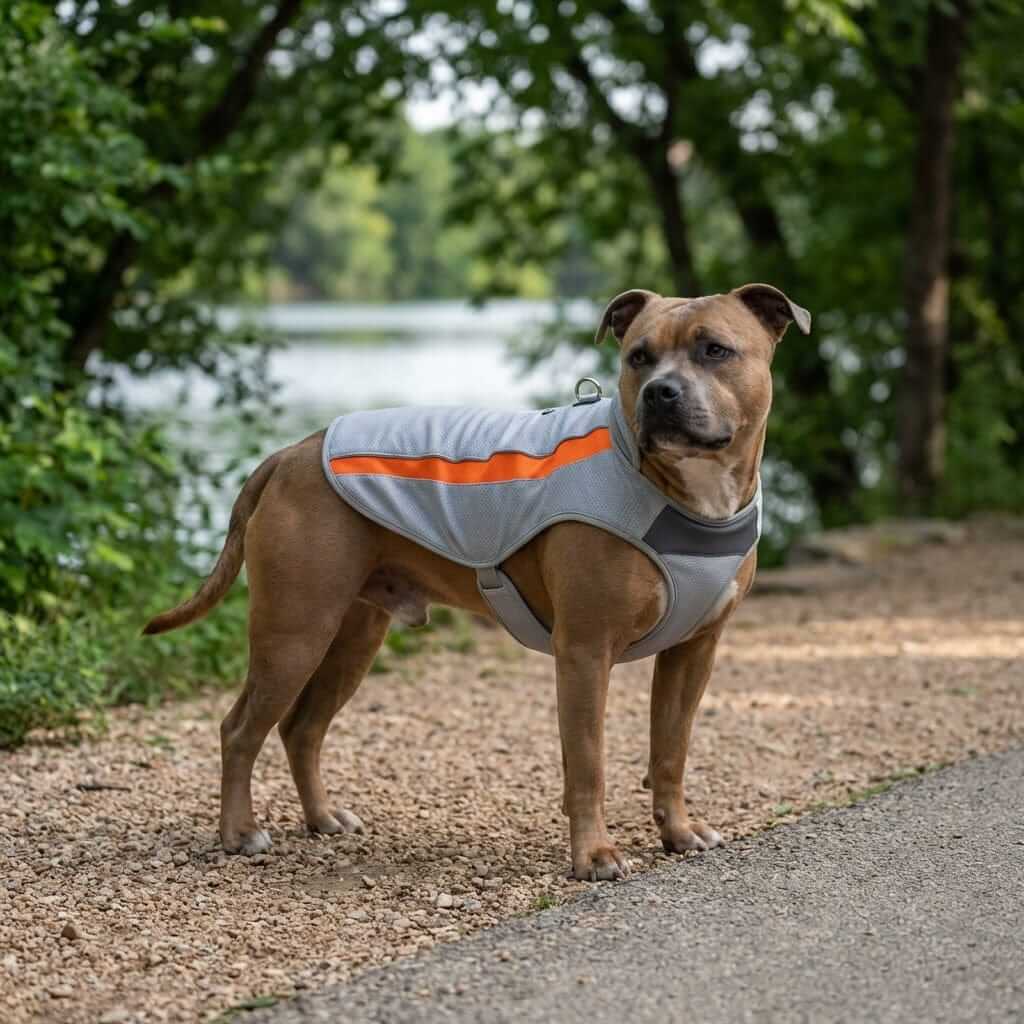 A dog wearing the Arctic Breeze Cooling Vest, designed to keep dogs cool and comfortable in hot weather.