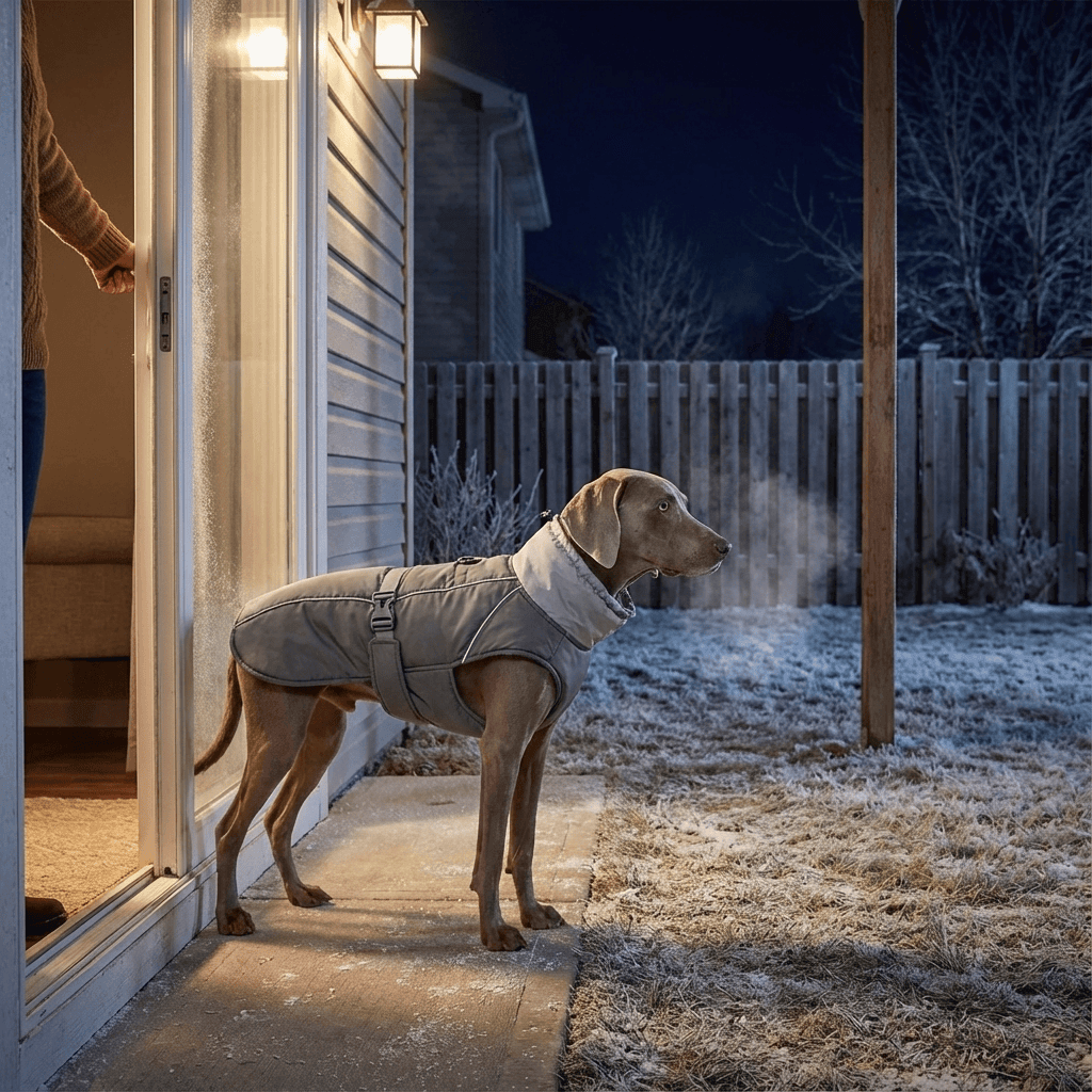 A dog wearing an Arctic Guardian Waterproof Reflective Winter Dog Vest standing at a door in a snowy night scene.