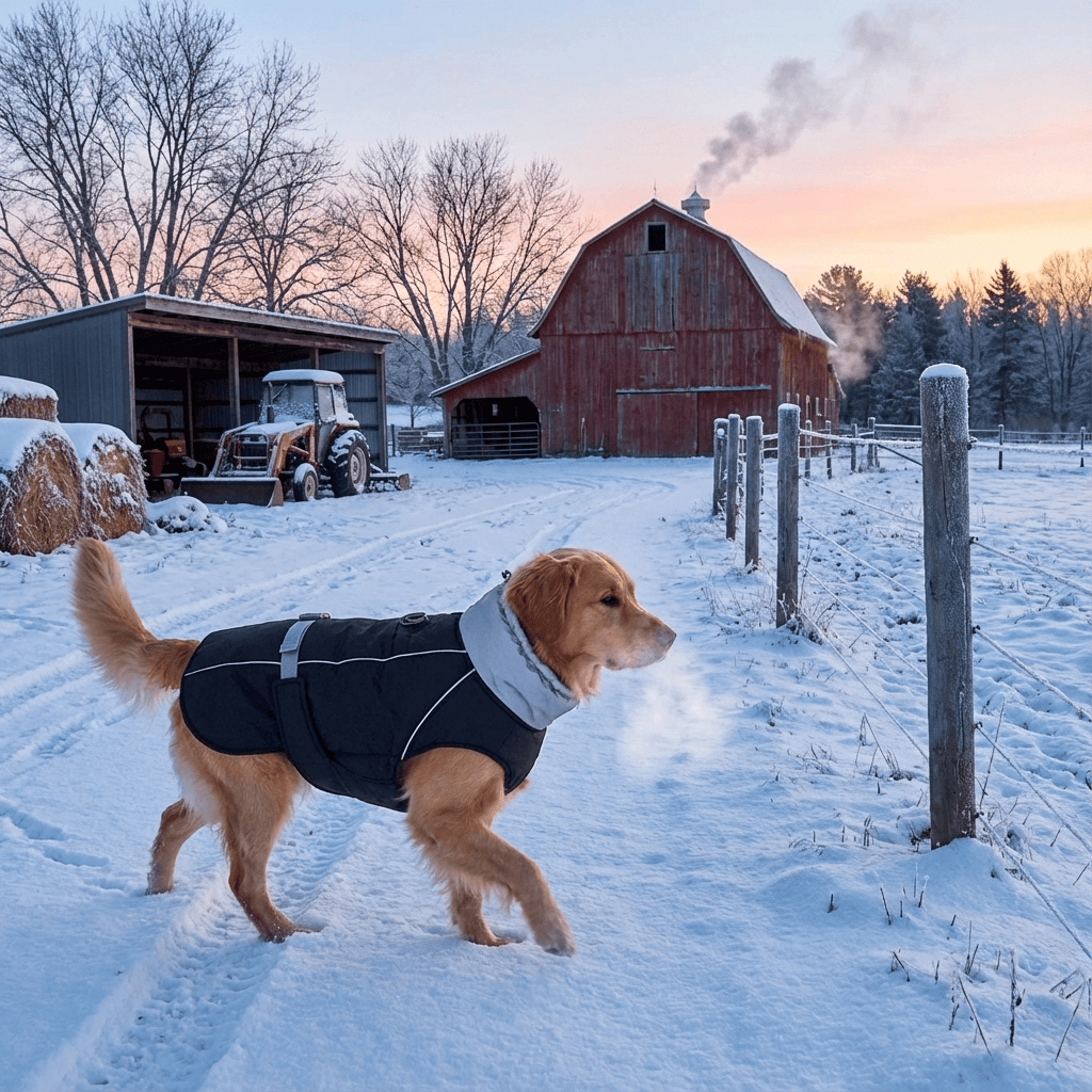 Golden Retriever in Arctic Guardian Waterproof Reflective Winter Dog Vest walking in snowy landscape with barn.