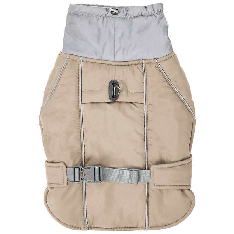 Arctic Guardian Waterproof Reflective Winter Dog Vest in beige, featuring thick padding and reflective details for safety.