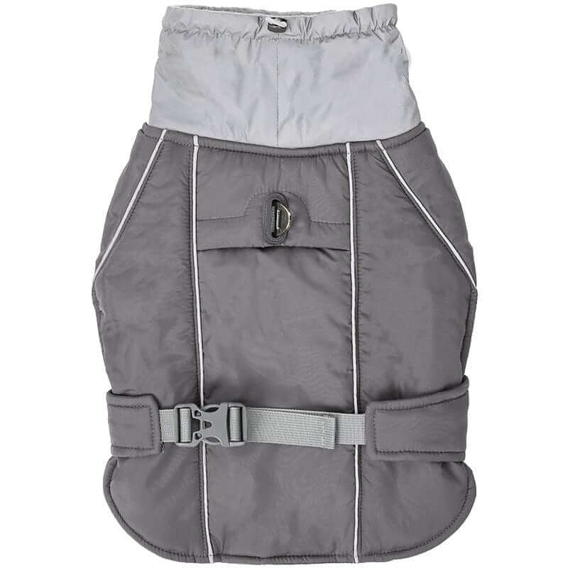 Arctic Guardian Waterproof Reflective Winter Dog Vest in gray featuring thick padding and adjustable buckle for dogs.