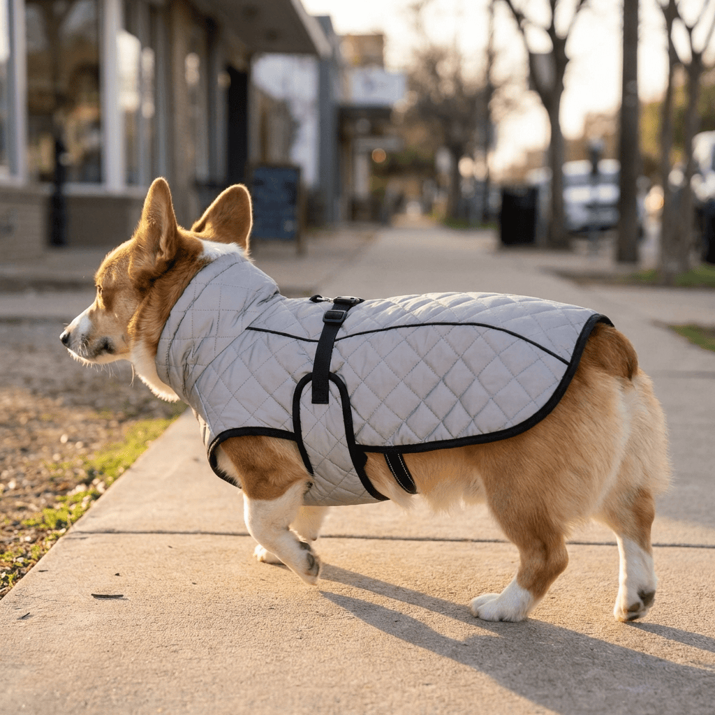 Corgi wearing Arctic Reflective Shell Jacket, insulated winter coat for dogs, featuring enhanced visibility and comfort.