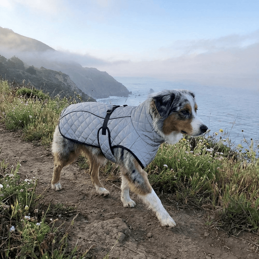 Arctic Reflective Shell Jacket worn by a dog outdoors with coastal scenery, featuring warmth, insulation, and visibility.