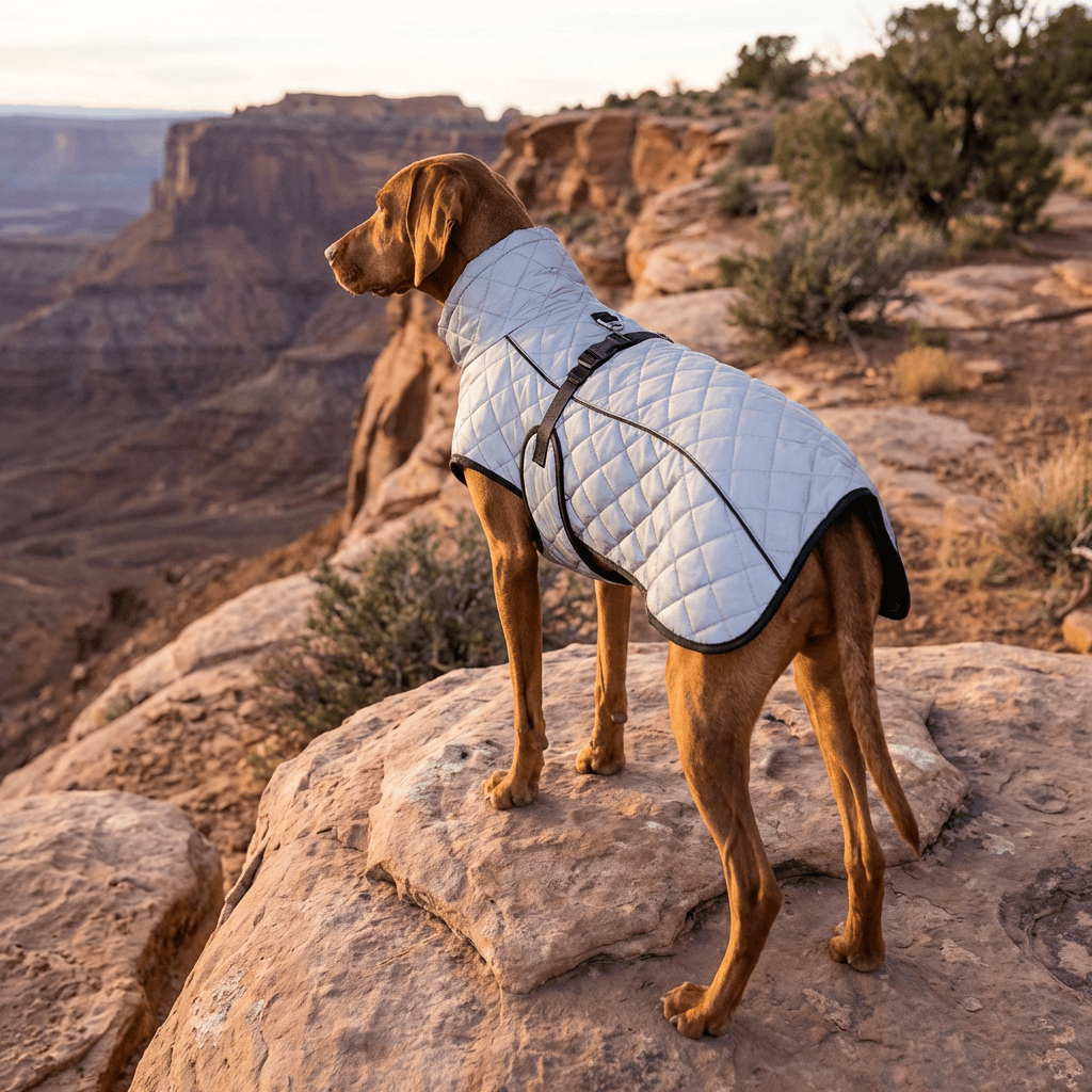 Dog wearing Arctic Reflective Shell Jacket, a thermal winter coat for outdoor protection and visibility.