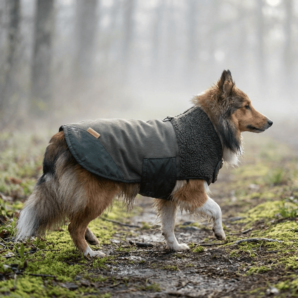 Arctic Sherpa Dog Jacket for dogs, insulated with lamb fleece lining, offering cold protection and outdoor comfort.