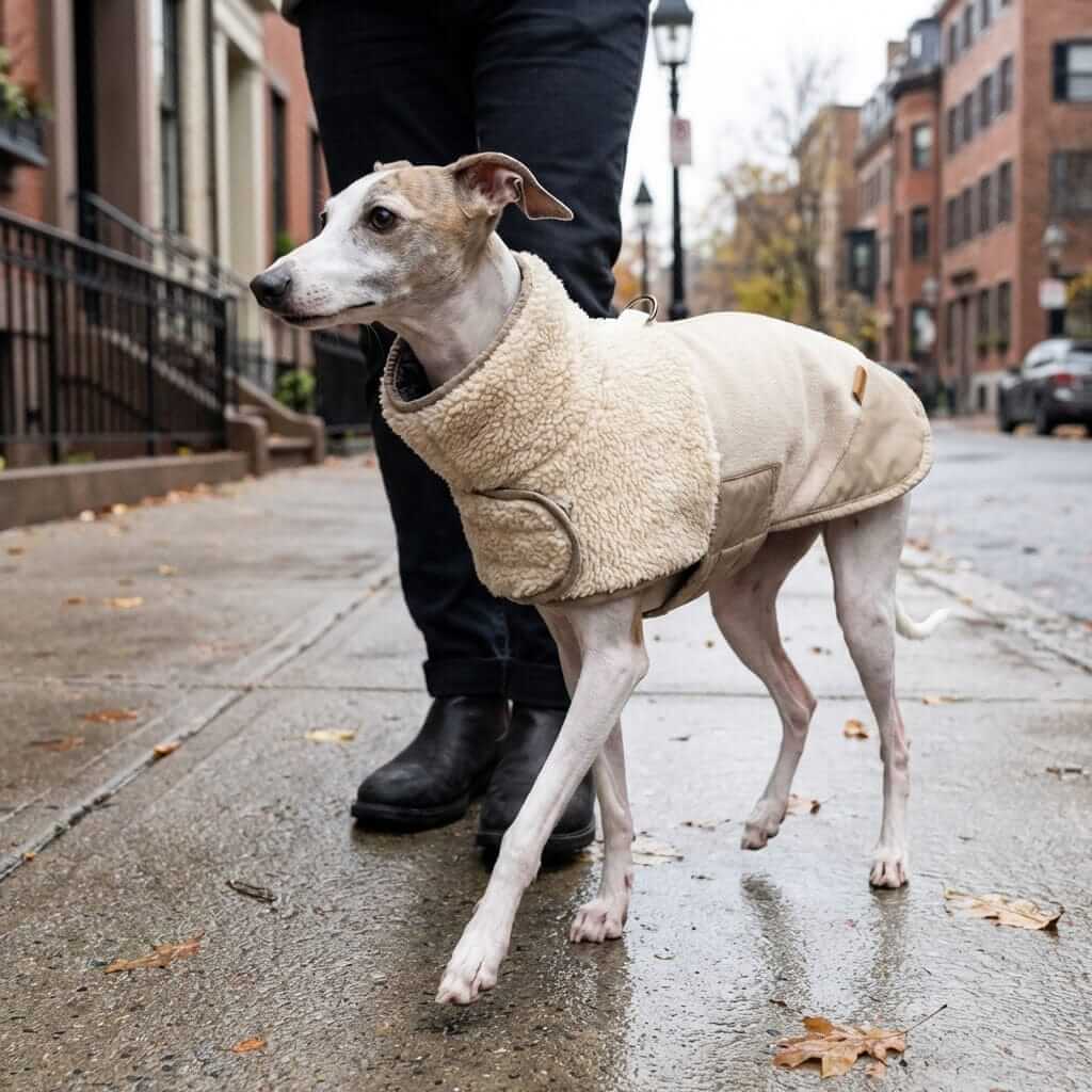 Arctic Sherpa Dog Jacket on a dog walking in the city, showcasing warmth, wind protection, and premium comfort.