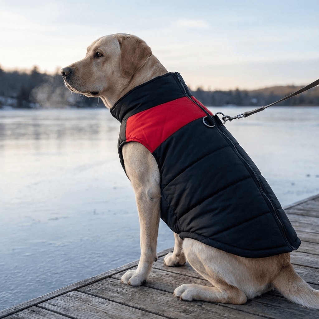 Arctic Shield Dog Vest on a Labrador by a lake, featuring waterproof material and warmth for dogs.