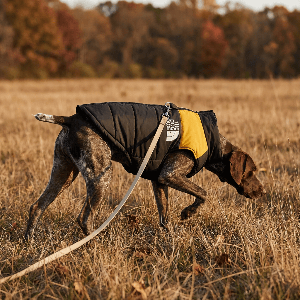 Arctic Shield Dog Vest on a dog in a field, offering waterproof protection and warmth for outdoor adventures.