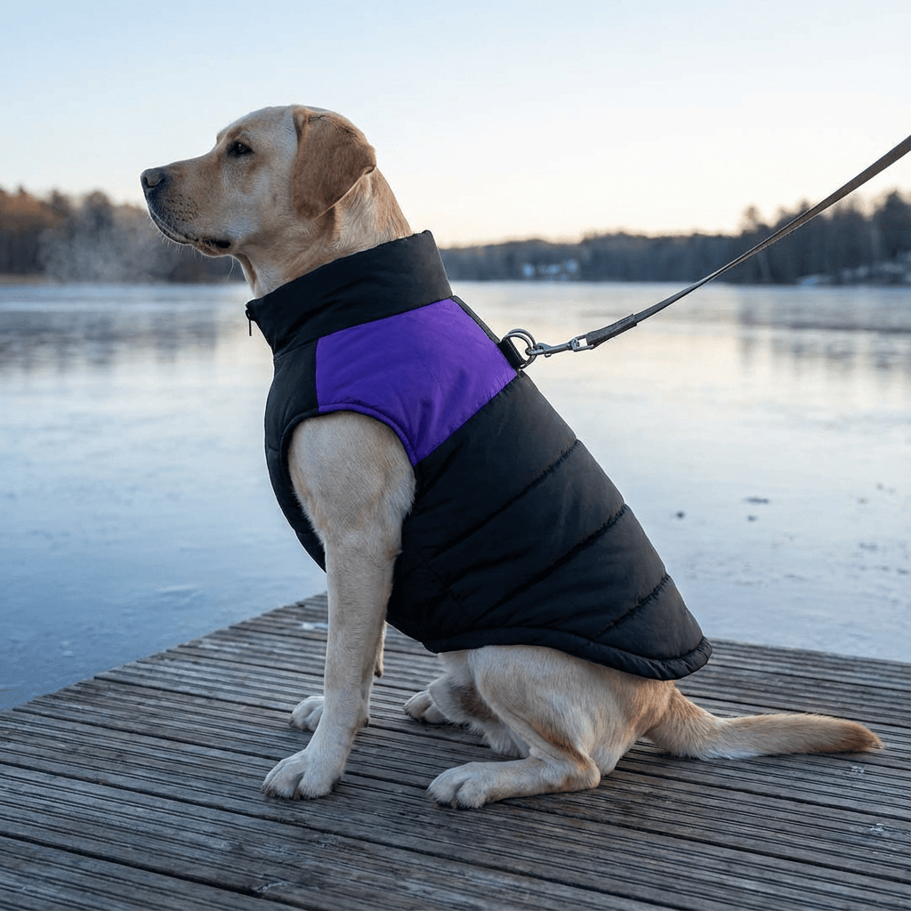 Arctic Shield Dog Vest on a dog by a frozen lake showcasing waterproof material and stylish design for winter.