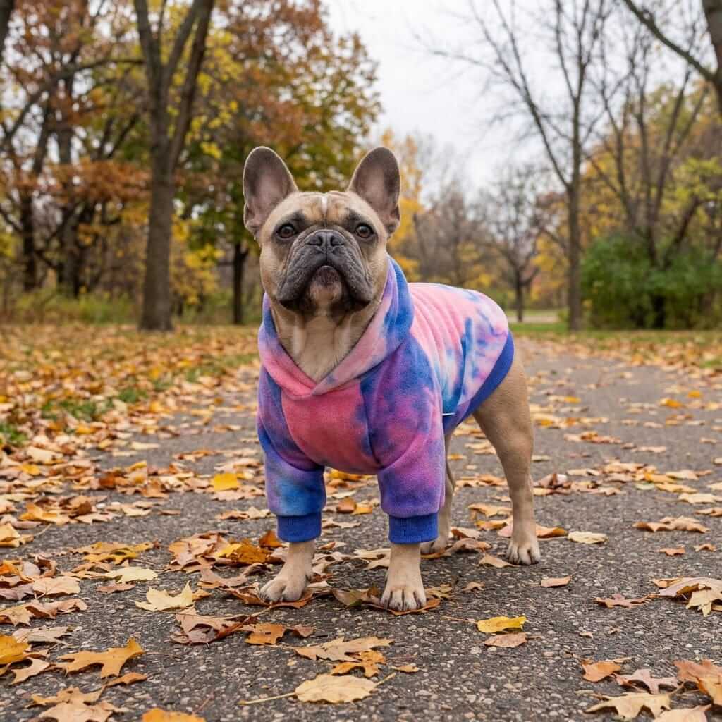 Aurora Tie-Dye Dog Hoodie on a French Bulldog in vibrant colors on a fall landscape.