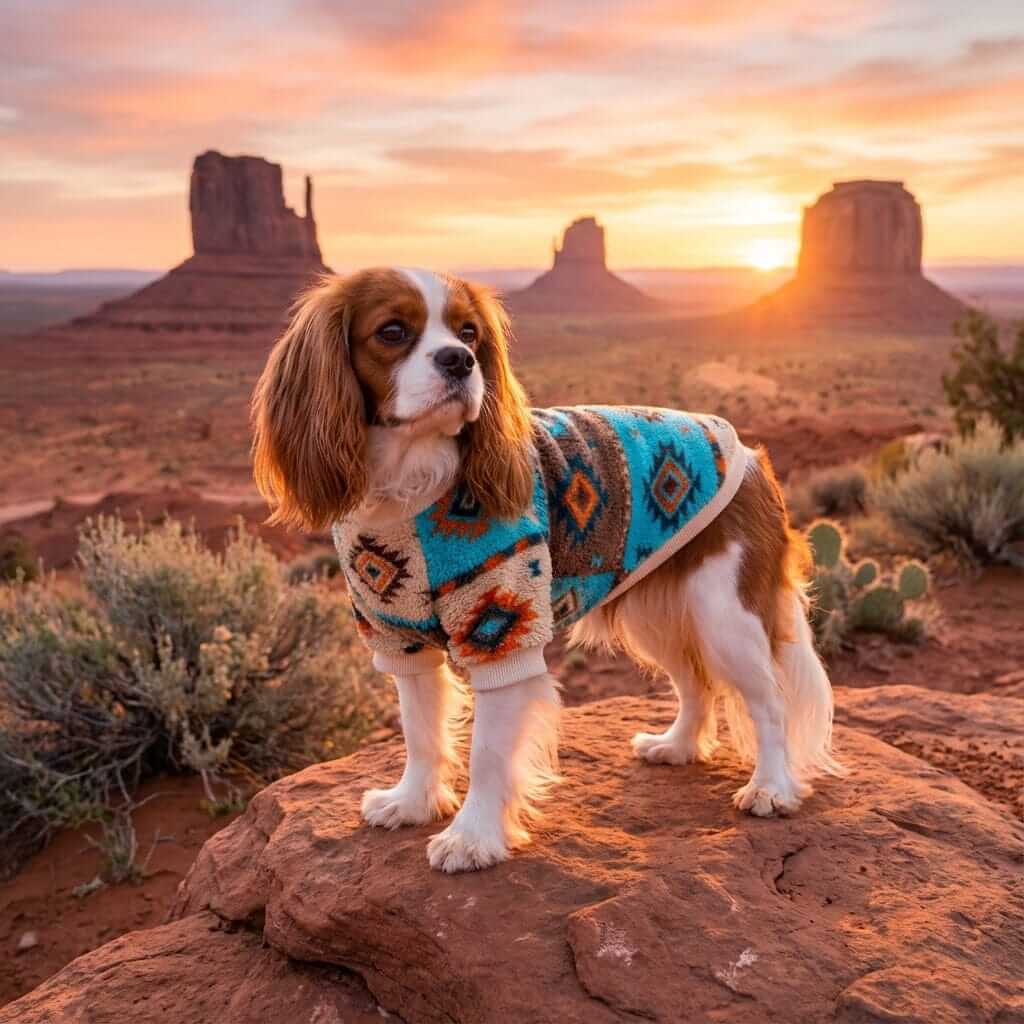 Aztec Print Dog Sweater on a dog in a desert landscape at sunset, showcasing its unique Aztec pattern and style.