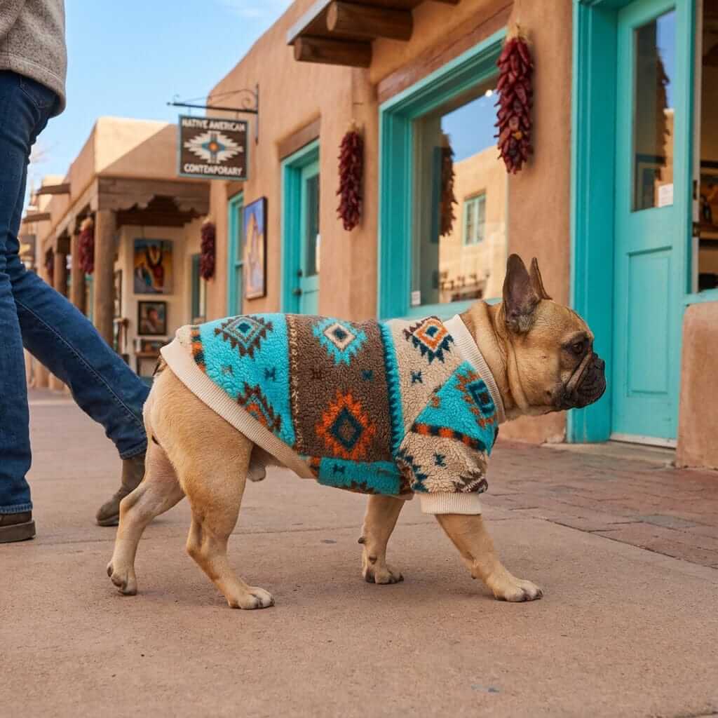 Aztec Print Dog Sweater on a stylish French Bulldog walking outdoors in a cozy, colorful pattern by Dogs & Cats.